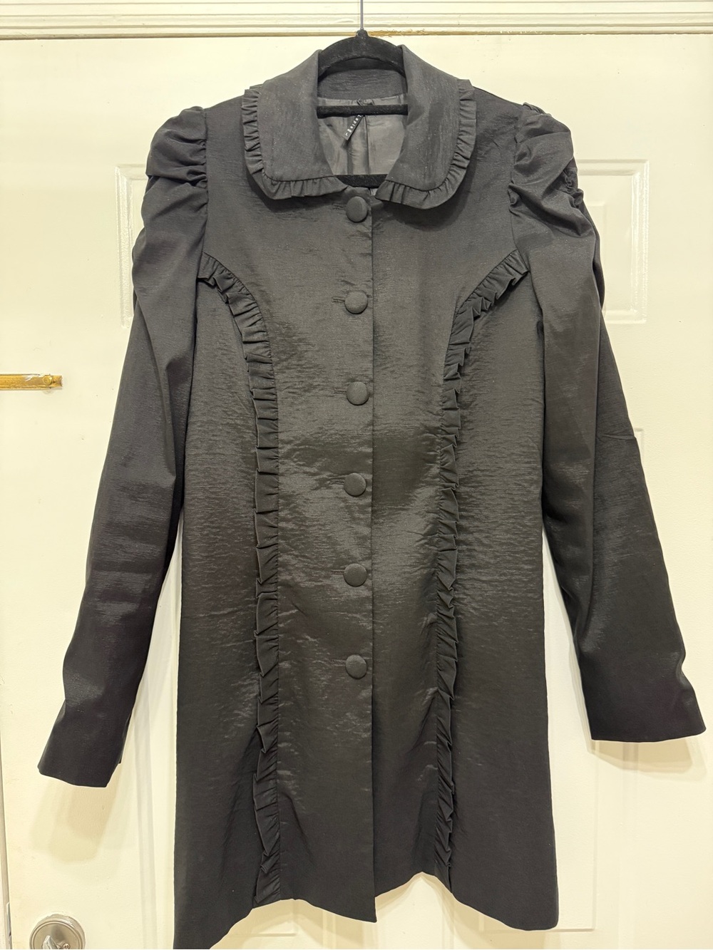 Lapis Black Long-Sleeve Ruffle-Trim Coat Dress